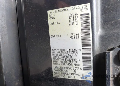 2009 Nissan Altima 2.5 S from USA, damaged, VIN 1N4AL21E99N502724